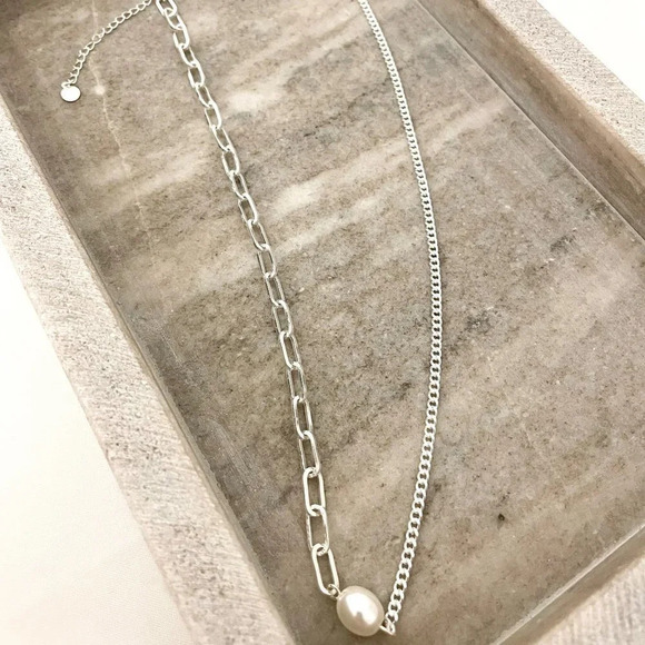 925 Sterling Silver Pearl Paperclip Necklace Asymmetric Link Chain Necklace - Picture 3 of 3